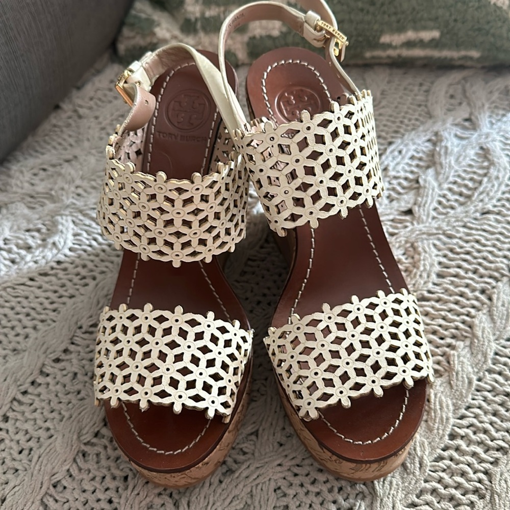 Tory Burch cream leather cork heels 6